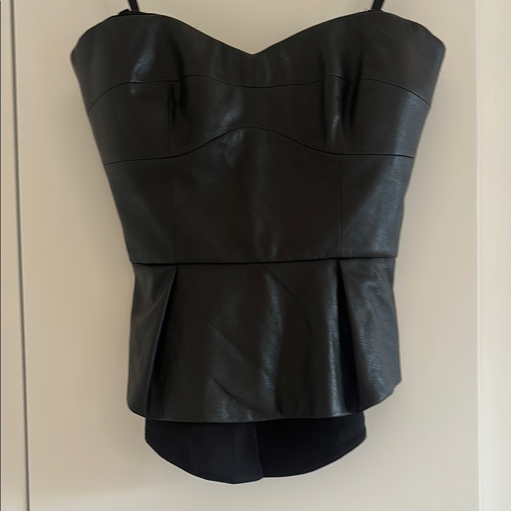 BCBGMAXAZRIA Black Strapless Faux Leather Top